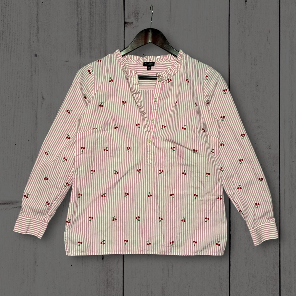 Talbots Cotton Cherry Embroidered Striped Popover Blouse Womens XS Pink White